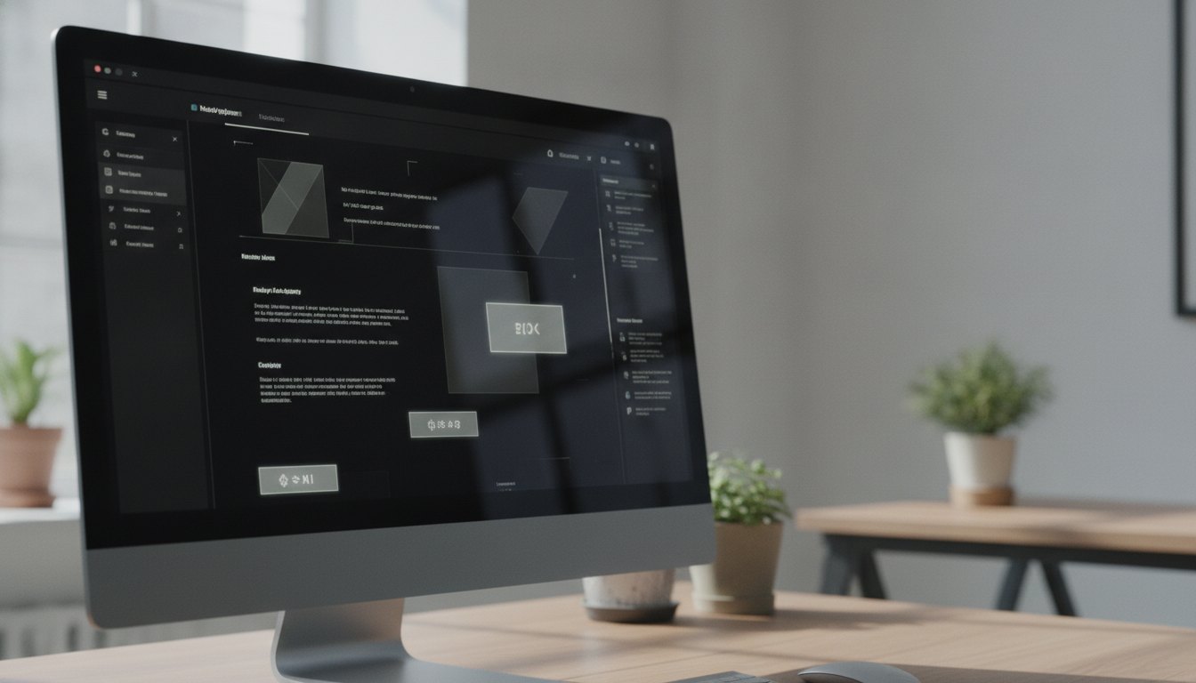 Monitor exibindo interface de navegação com fundo preto e textos em tons de cinza claro.