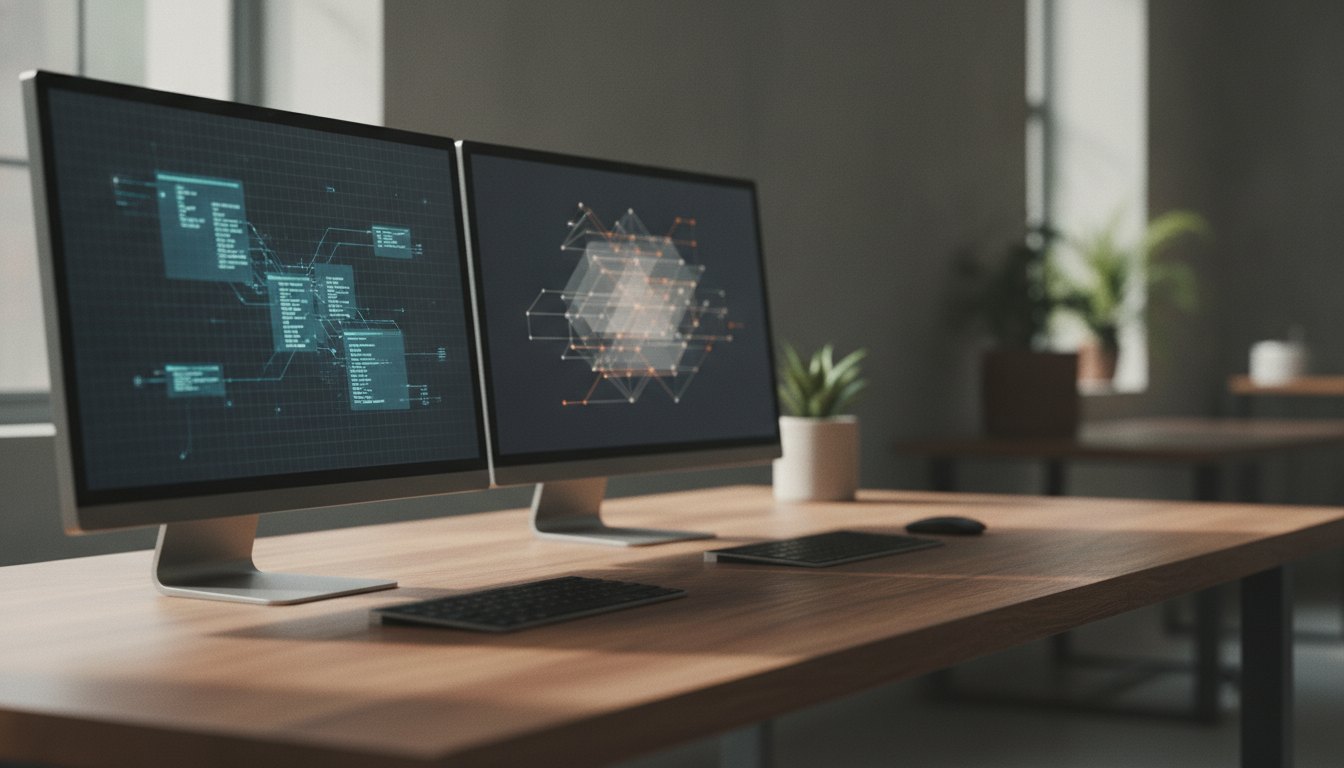 Dois monitores exibindo blocos de texto em uma tela e diagramas estruturais na outra