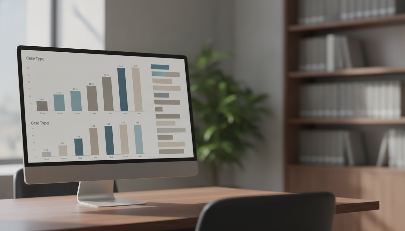 Tela de computador exibindo um painel com gráficos de barras e listas de processos jurídicos.