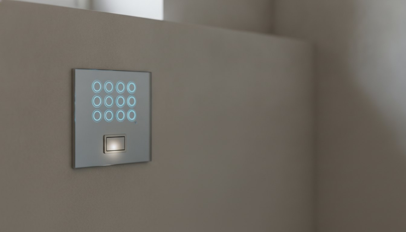 Painel digital de descarga embutido na parede com botões iluminados e sensor de aproximação.