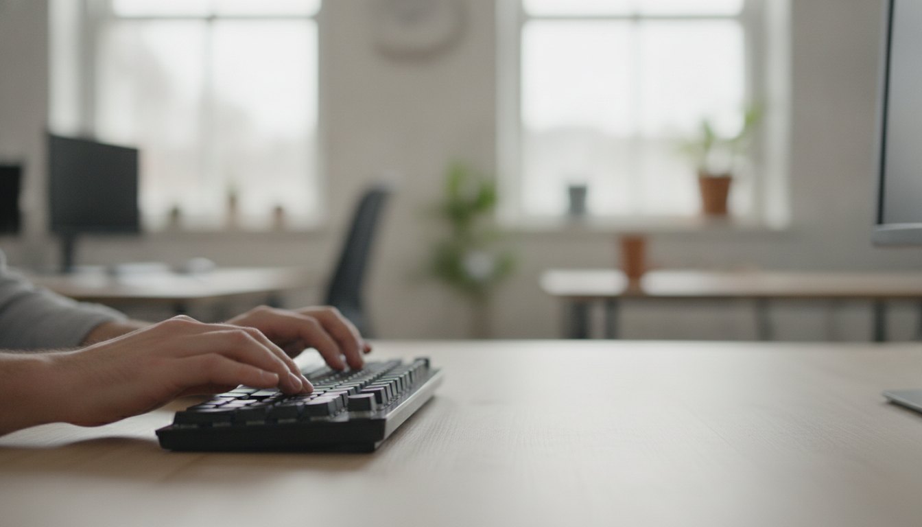 Pessoa digitando em um teclado de computador com as duas mãos apoiadas sobre a mesa.