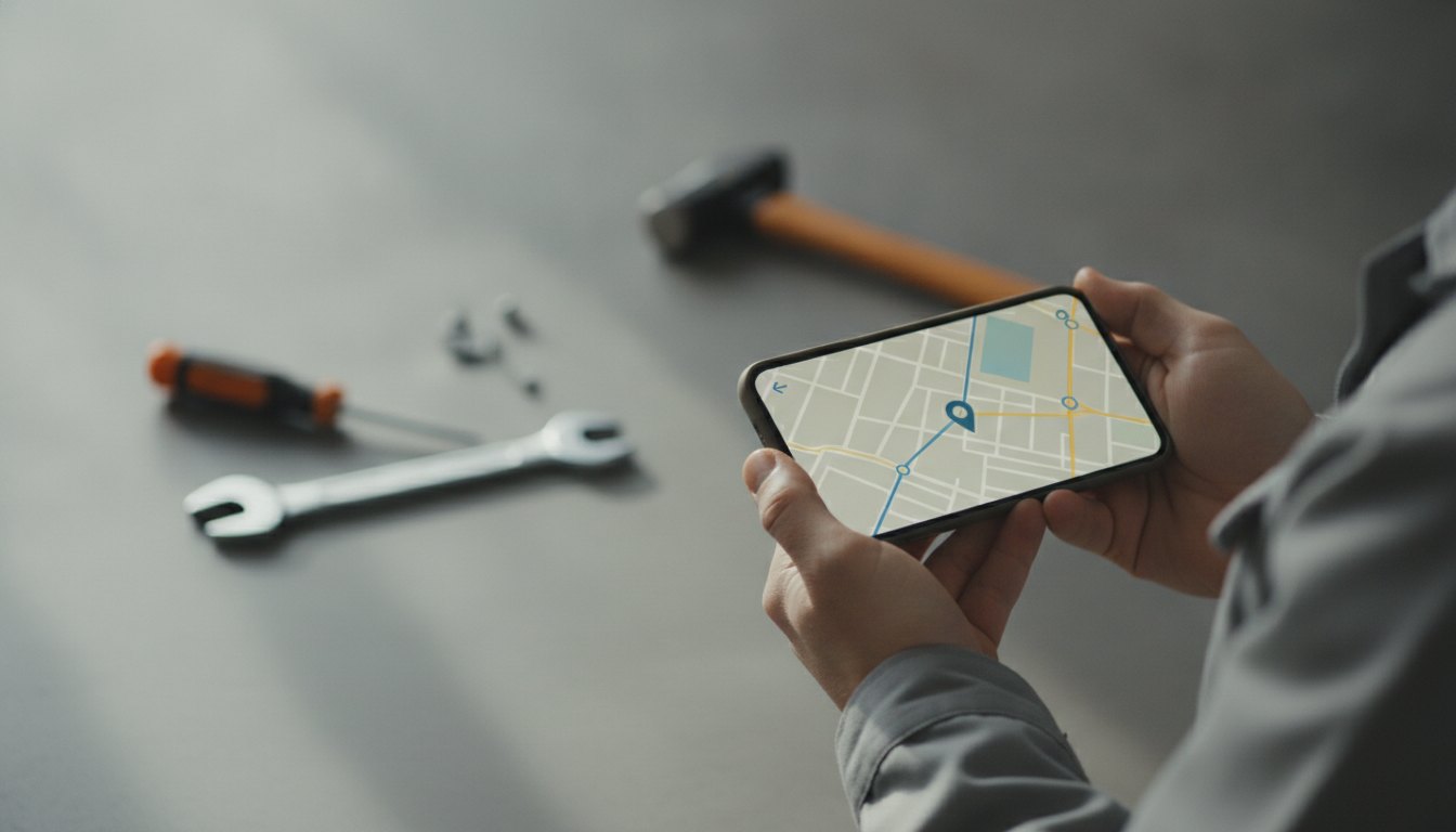 Pessoa segurando um smartphone com aplicativo de mapa aberto e ferramentas borradas ao fundo.