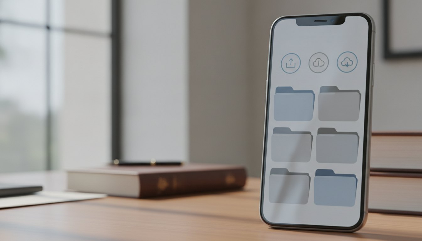 Tela de smartphone exibindo um aplicativo com pastas organizadas e botões para upload de documentos.