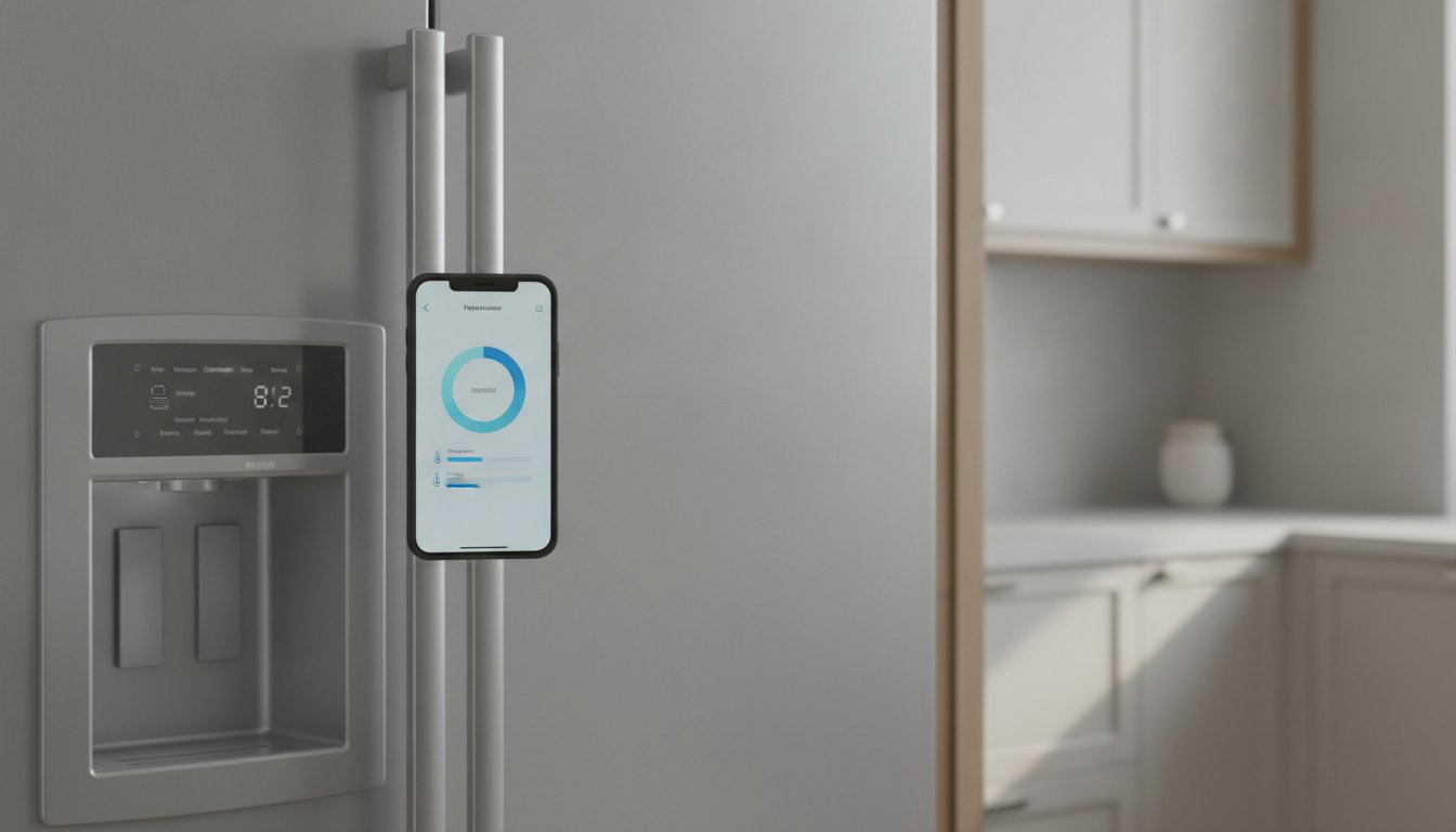Pessoa segurando smartphone com aplicativo de controle de temperatura em frente a uma geladeira moderna.