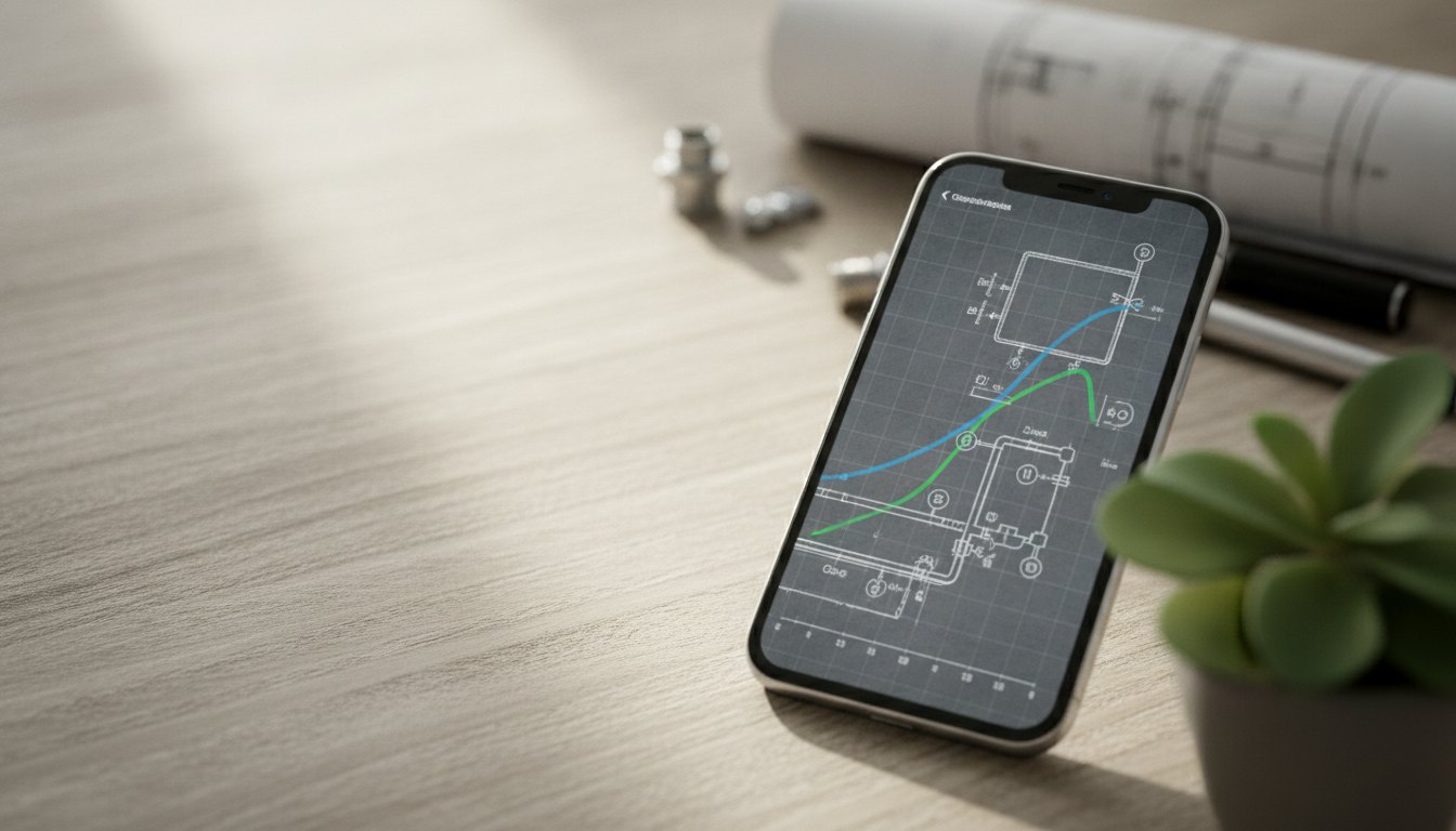 Tela de smartphone exibindo gráficos de consumo sobre uma planta baixa.