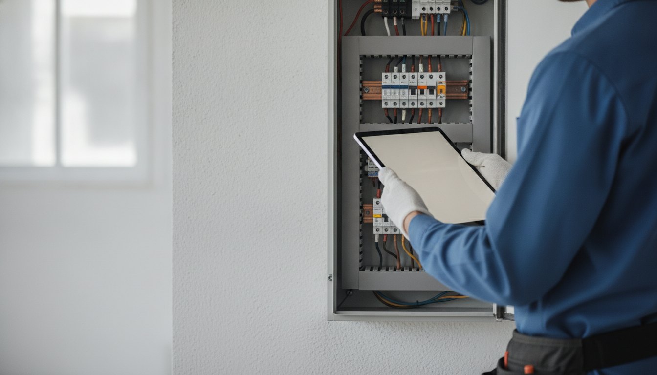 Técnico de manutenção segurando um tablet iluminado em frente a um painel elétrico residencial.