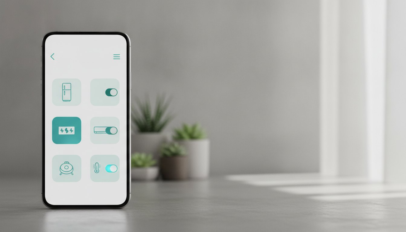 Tela de smartphone exibindo um aplicativo de casa inteligente com botões e ícones de eletrodomésticos.