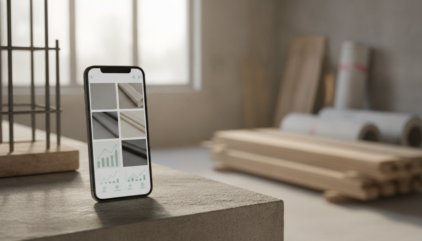 Tela de smartphone exibindo um catálogo digital com especificações de malhas de proteção contra janelas.
