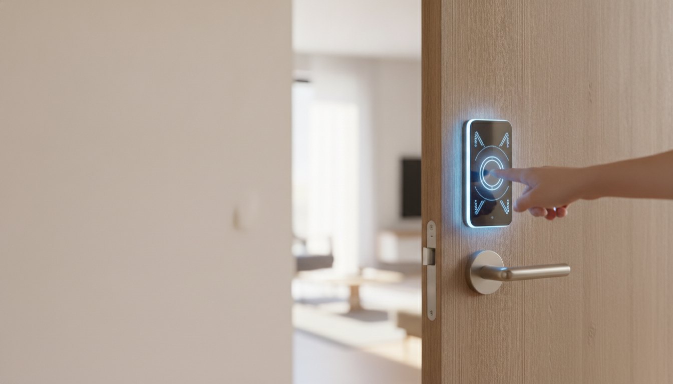 Painel digital iluminado de uma fechadura em porta de madeira sendo tocado por uma pessoa.