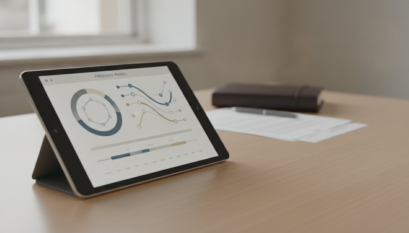 Tela de um tablet exibindo um painel com gráficos e linha do tempo de um processo.