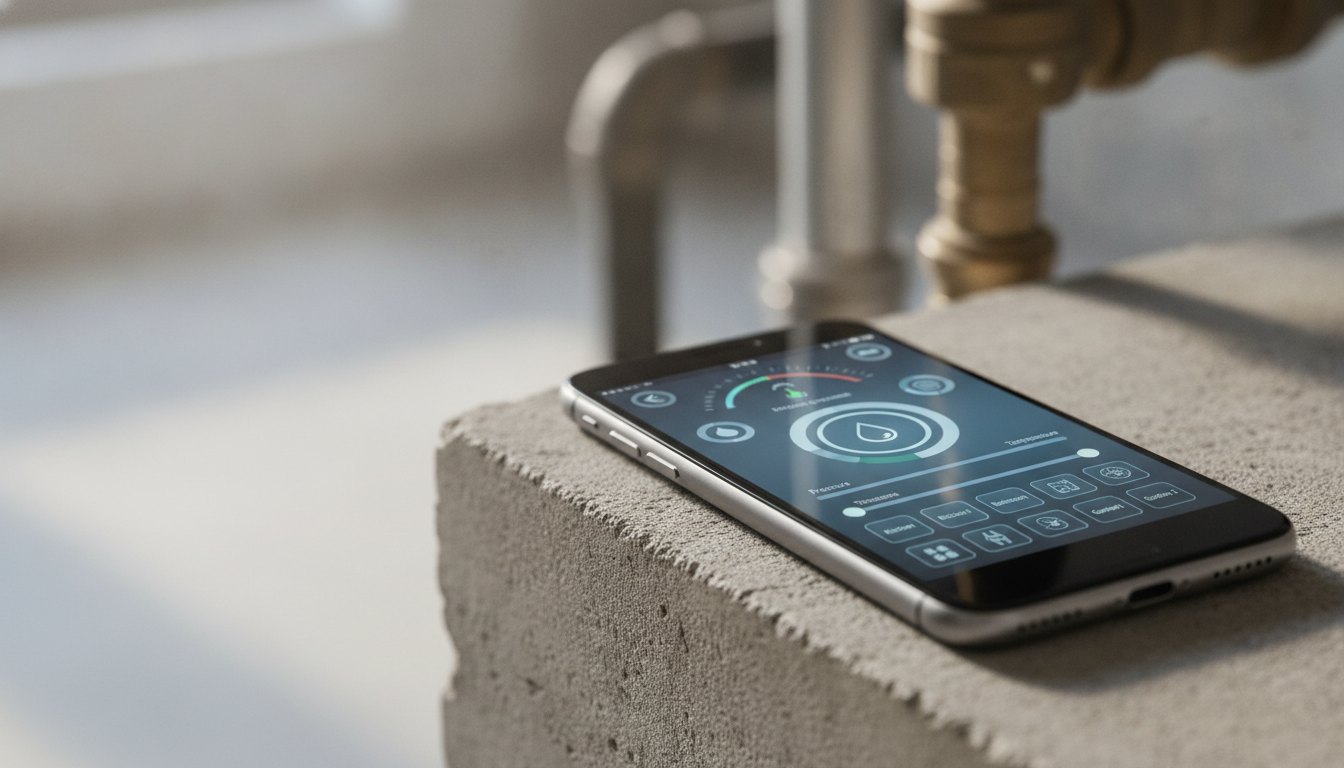 Tela de smartphone exibindo um painel com botões de controle de fluxo de água.