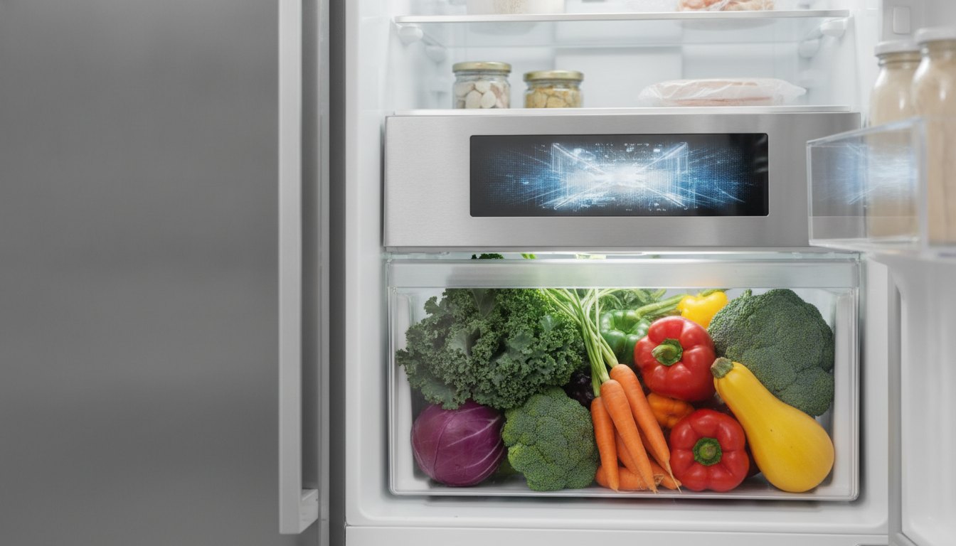Painel digital interno iluminado acima de uma gaveta transparente cheia de vegetais em um refrigerador.