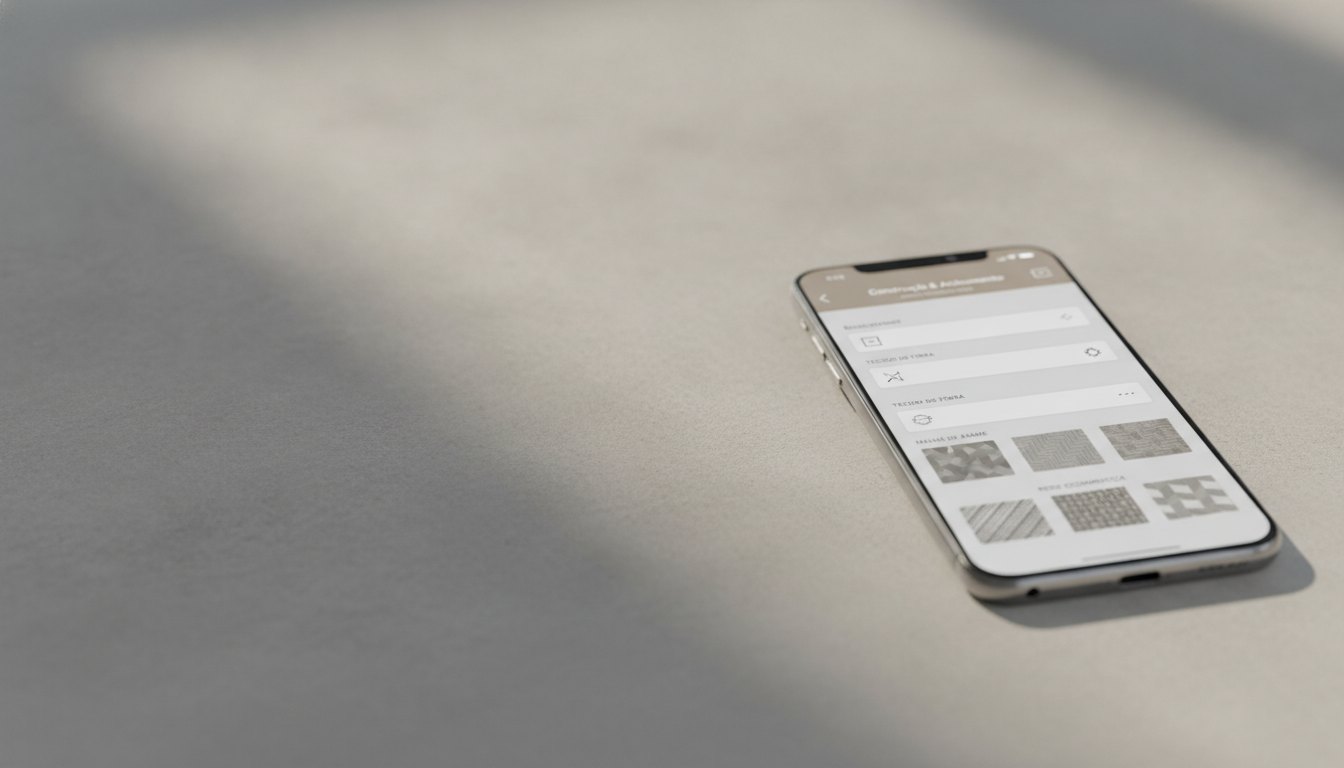 Tela de smartphone exibindo um aplicativo de orçamento com campos de medidas e tipos de malhas.