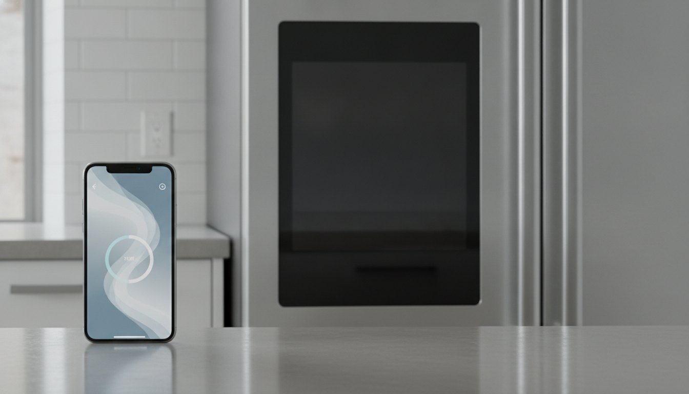 Tela de smartphone exibindo painel de controle de temperatura ao lado de visor digital de geladeira.