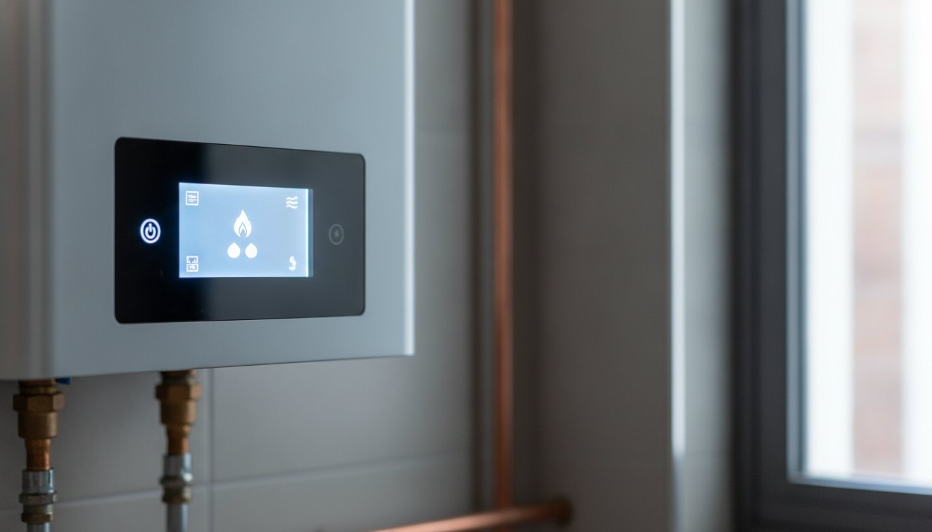 Painel digital iluminado de um aquecedor exibindo a temperatura da água e ícones de funcionamento