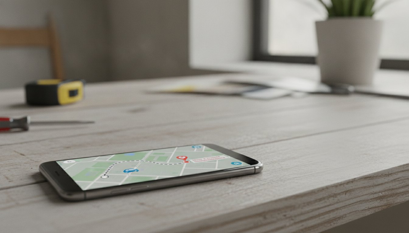 Tela de smartphone exibindo um mapa digital com a rota de um veículo em movimento.