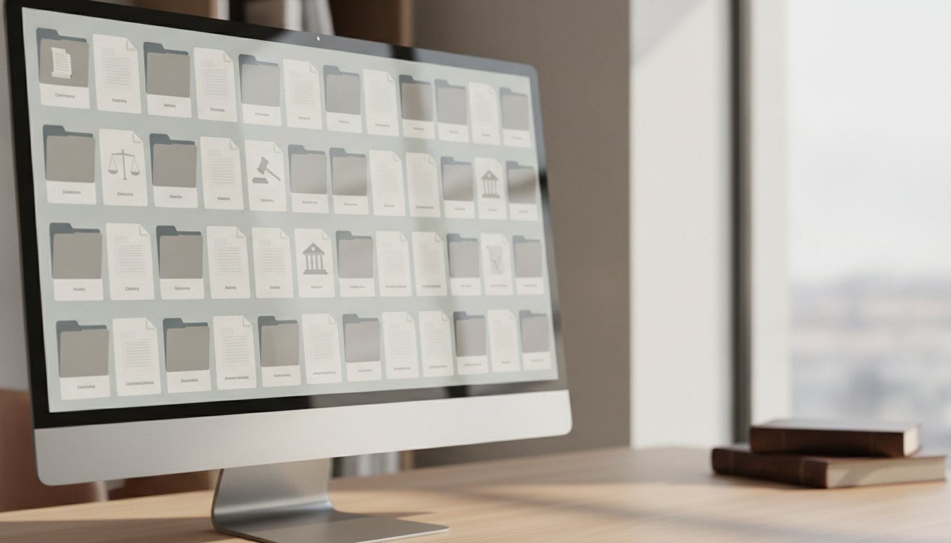 Tela de computador exibindo um sistema de pastas digitais organizadas com diversos documentos jurídicos.