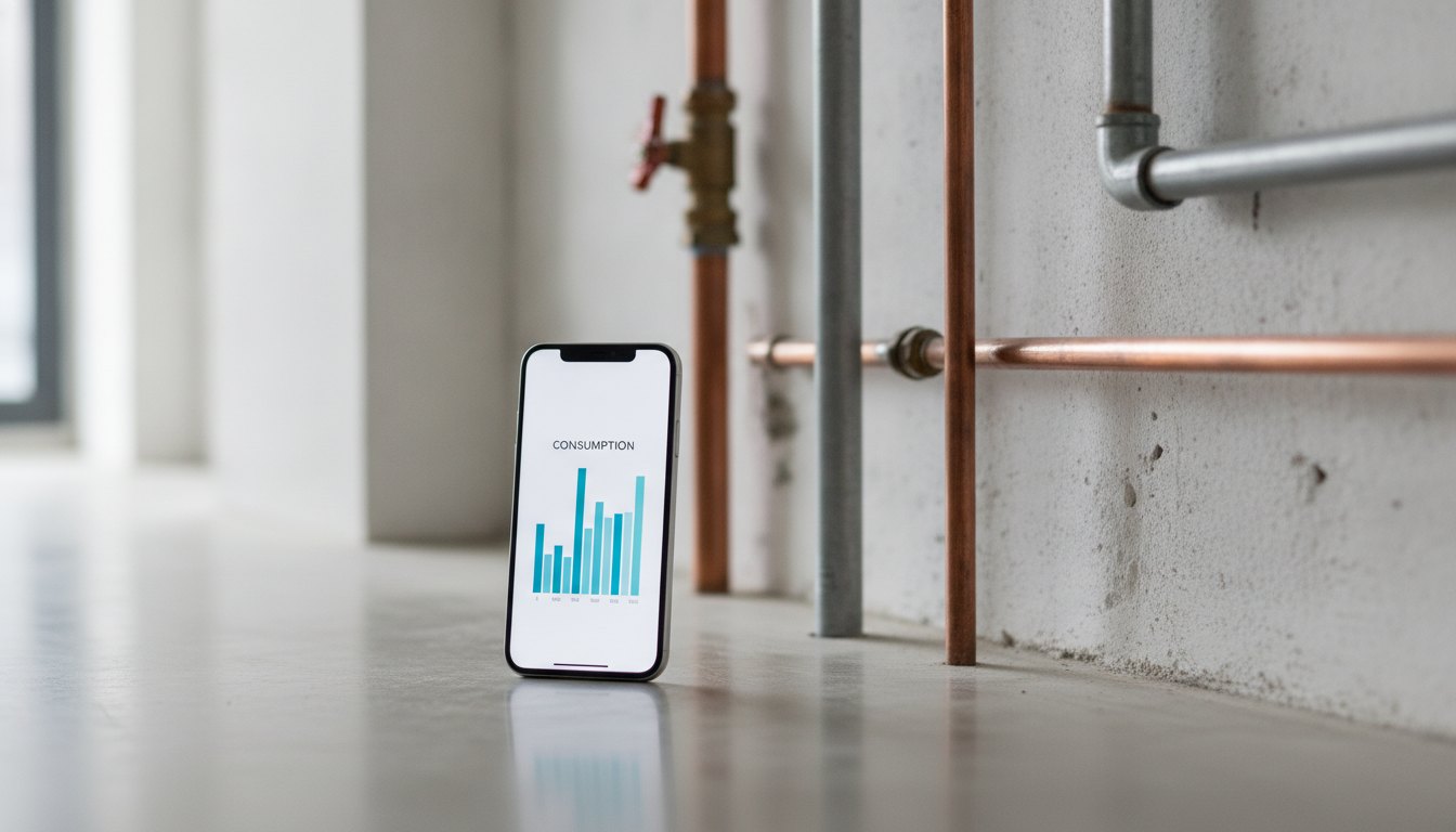 Tela de celular exibindo gráfico de consumo ao lado de uma tubulação metálica em residência.