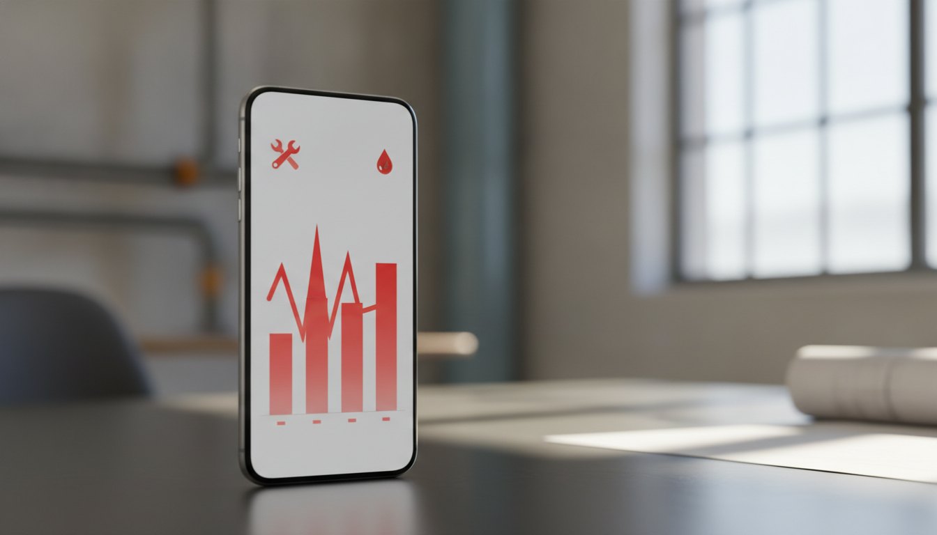 Tela de celular exibindo um gráfico de barras com picos vermelhos e ícones de alerta.