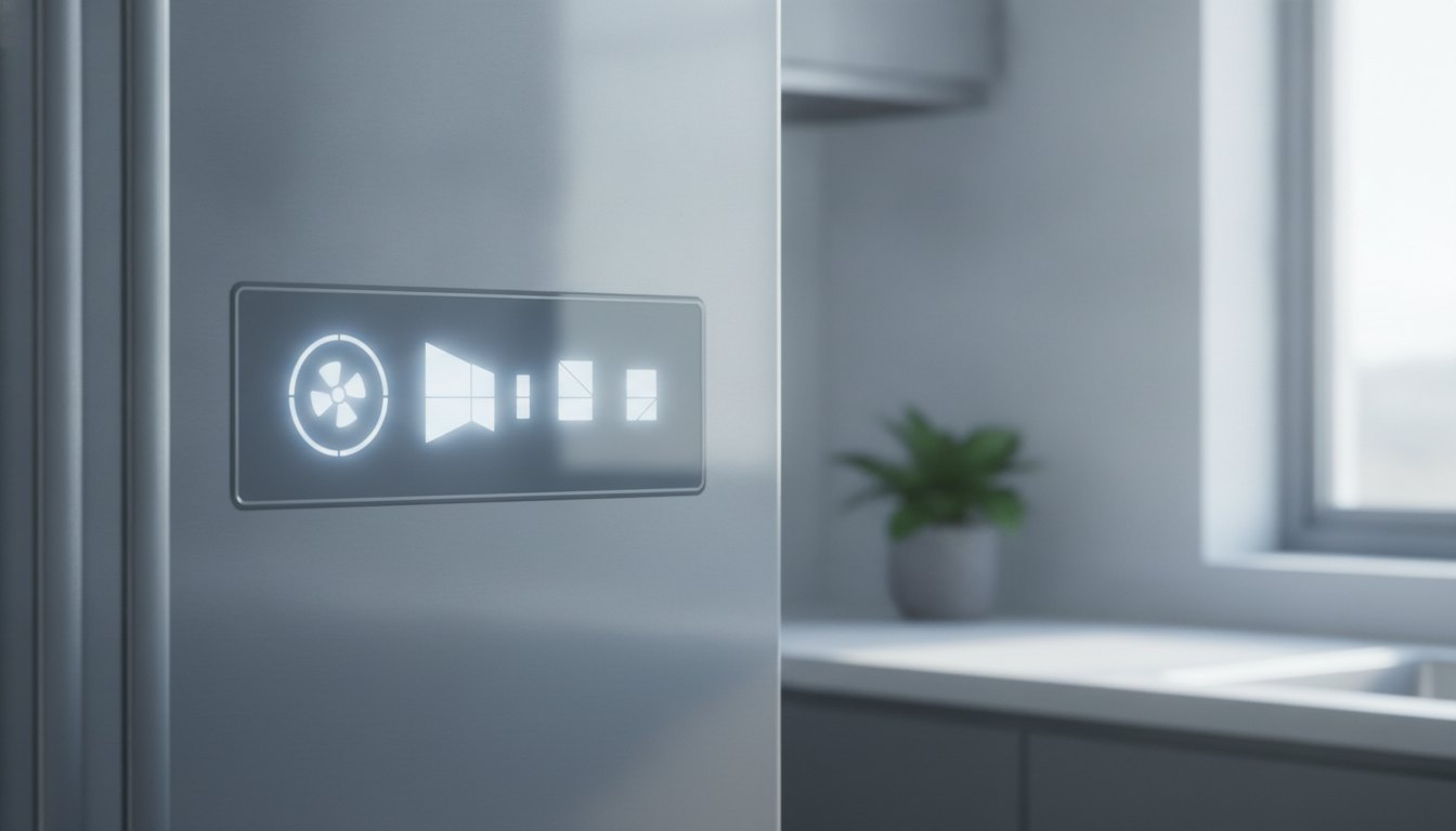 Painel digital iluminado na porta de uma geladeira exibindo números de temperatura e ícones de controle.