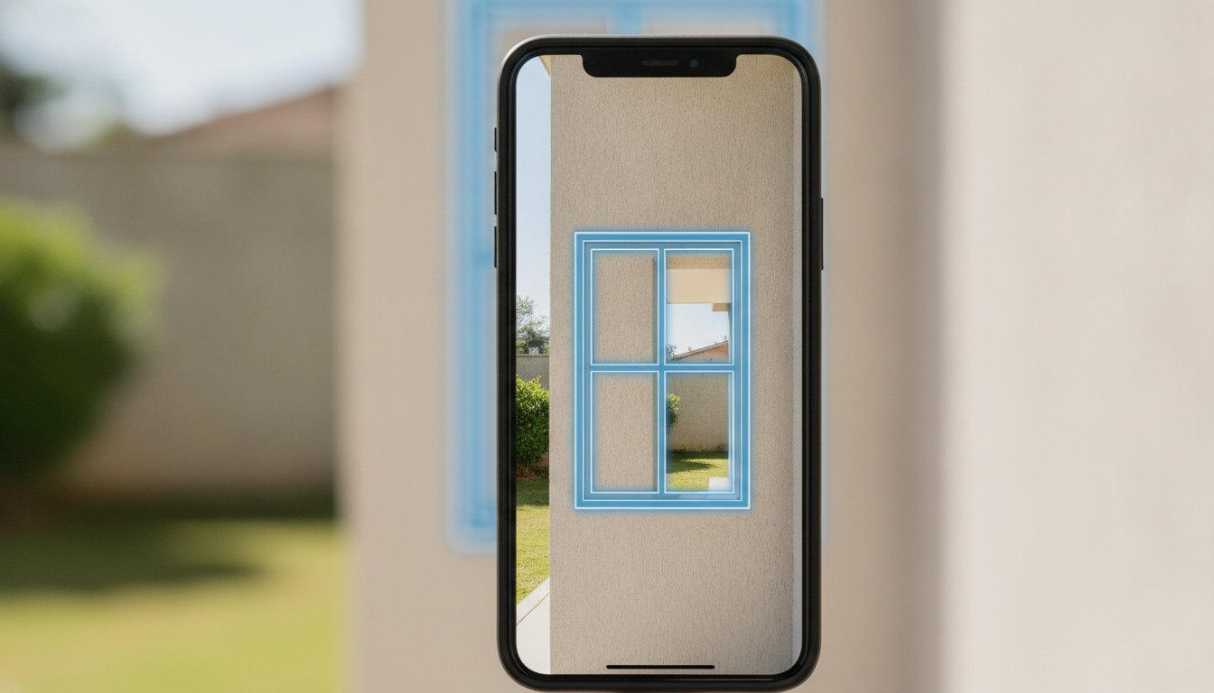 Tela de smartphone exibindo o contorno em realidade aumentada de uma janela residencial durante o dia.