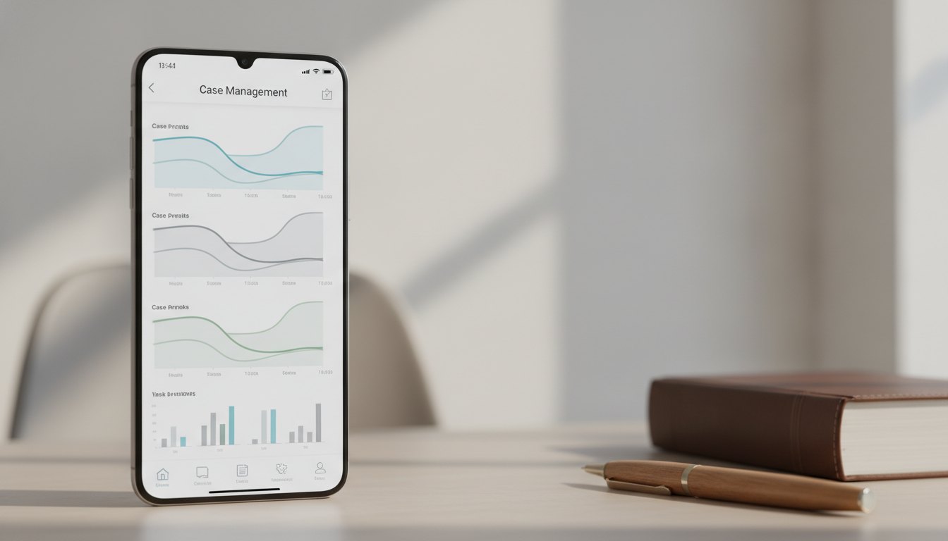 Tela de smartphone exibindo um aplicativo de gestão jurídica com gráficos de linha do tempo.