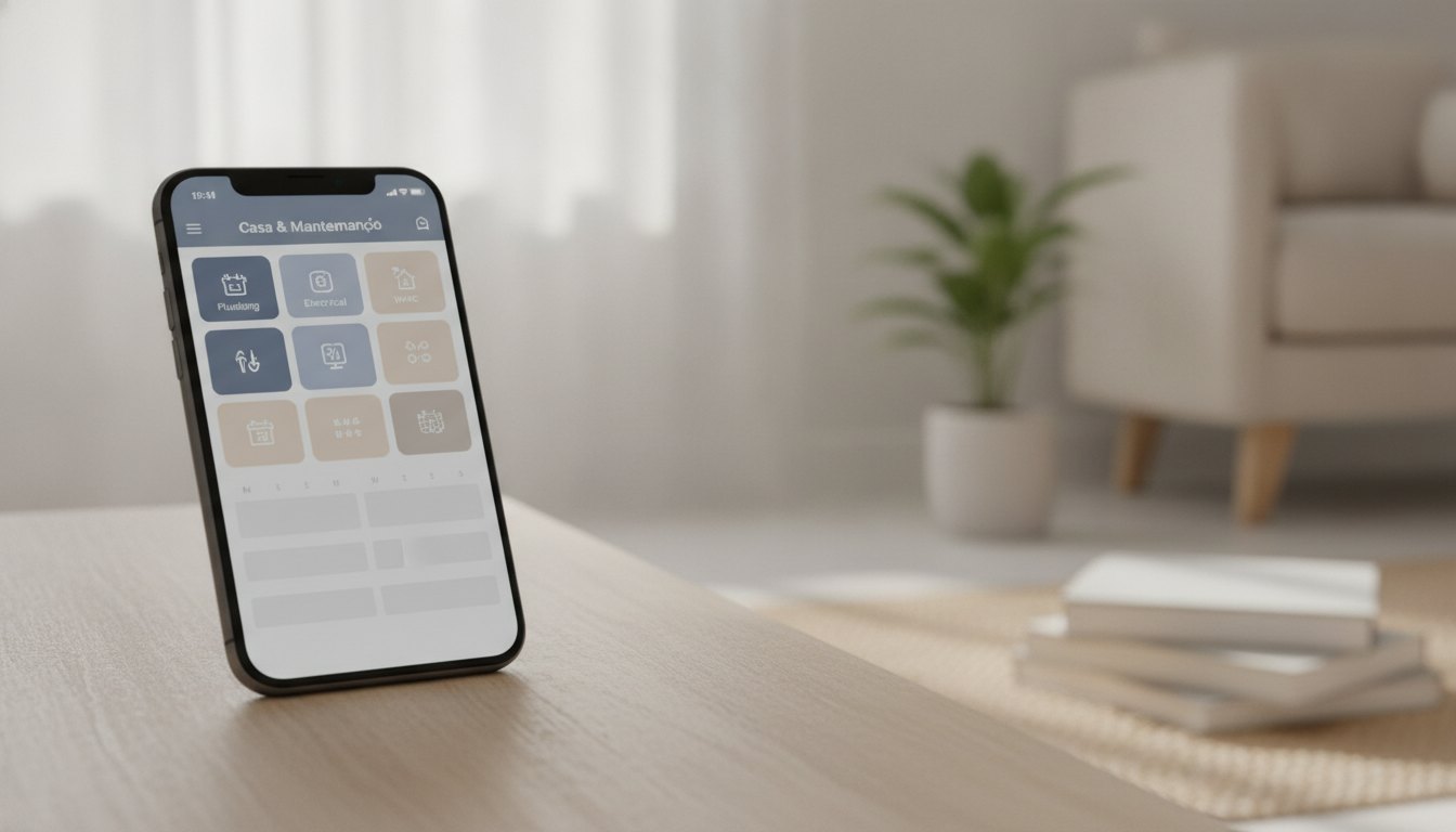 Tela de um smartphone exibindo aplicativo de agendamento e gerenciamento de serviços de manutenção residencial.