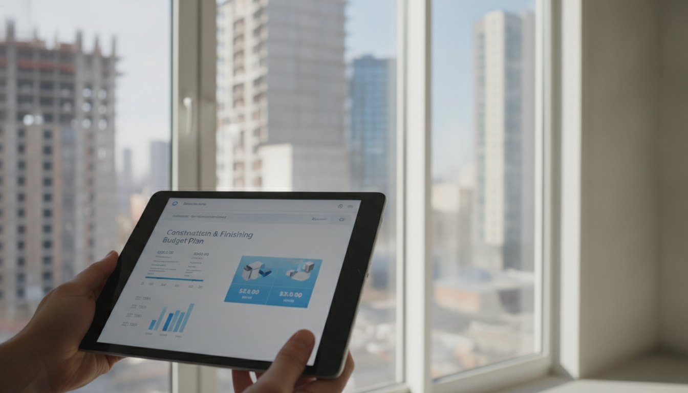 Pessoa segurando um tablet com um orçamento digital aberto em frente a uma janela de apartamento.