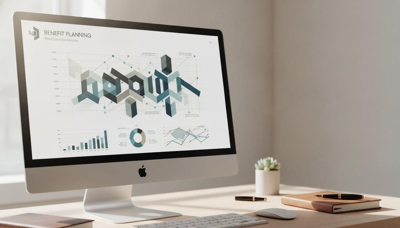 Tela de computador exibindo um painel digital com gráficos e tabelas de planejamento de benefícios.