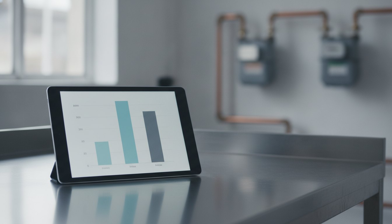 Tela de tablet mostrando um gráfico de barras com dados de consumo de água.