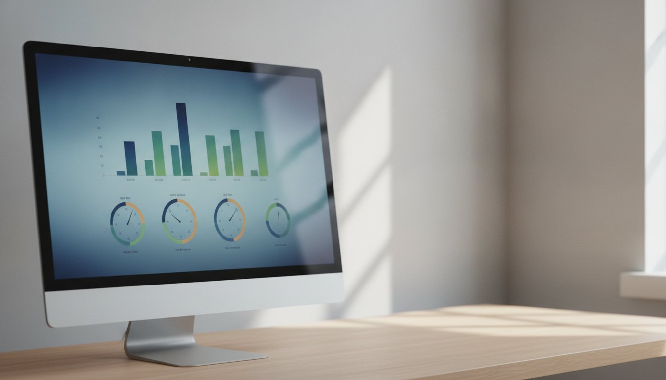 Tela de computador exibindo gráficos de barras e medidores circulares com dados de fluxo hídrico.
