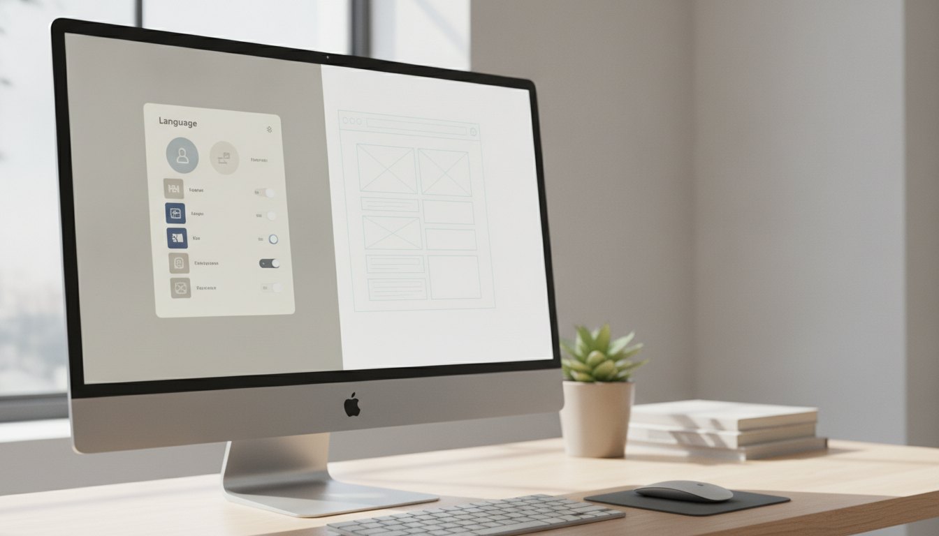 Tela de computador exibindo um painel de configuração de idiomas ao lado de um wireframe estrutural.