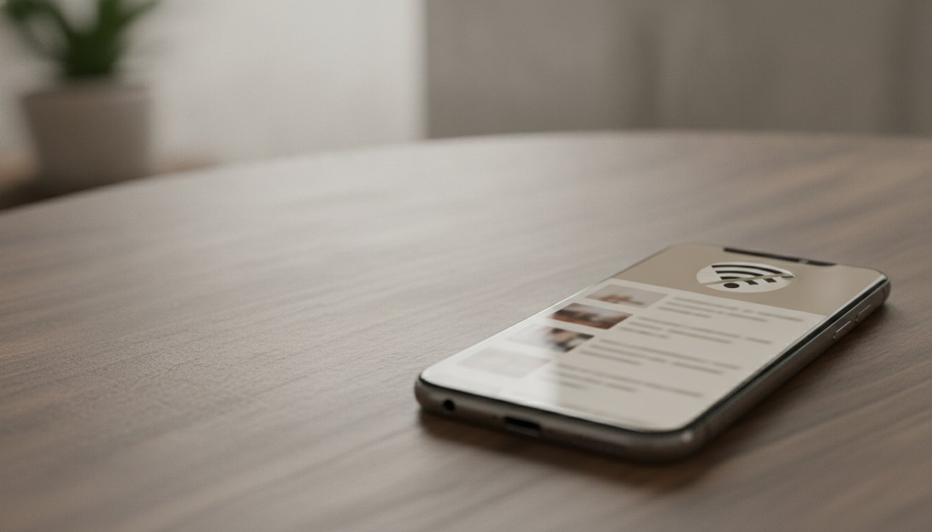 Tela de celular exibindo uma página de leitura com o ícone de ausência de sinal wi-fi.