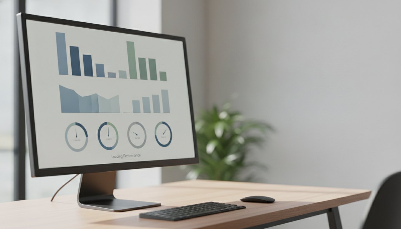 Monitor de computador exibindo painel com gráficos de barras e indicadores de desempenho de carregamento