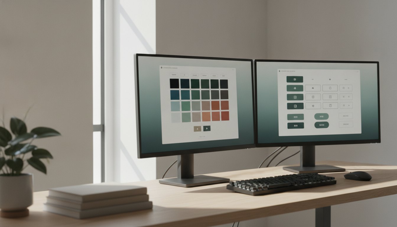 Desenvolvedor trabalhando em dois monitores com telas exibindo paletas de cores e botões padronizados.