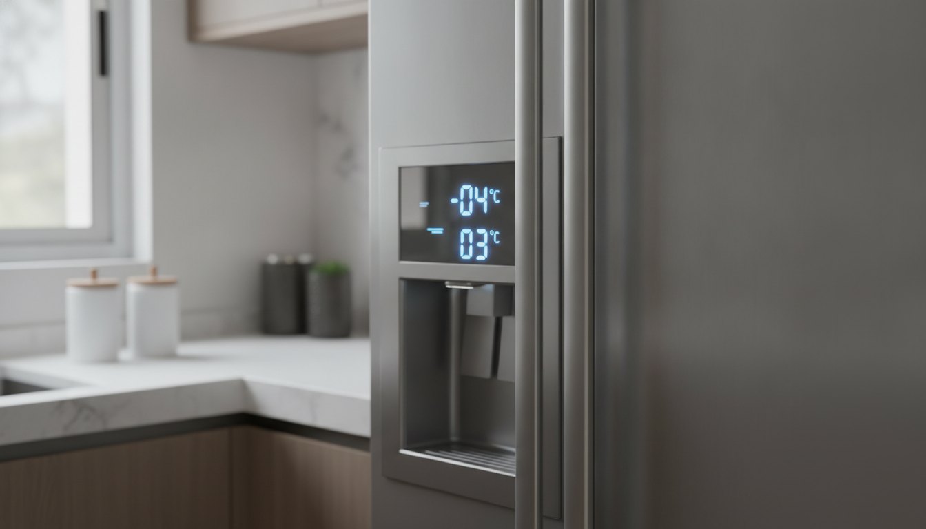 Painel digital iluminado de uma geladeira moderna exibindo números de temperatura em azul.