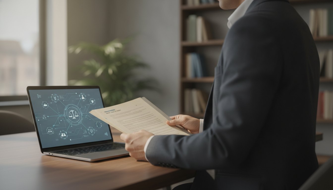 Pessoa navegando em um portal jurídico no notebook enquanto segura documentos impressos.