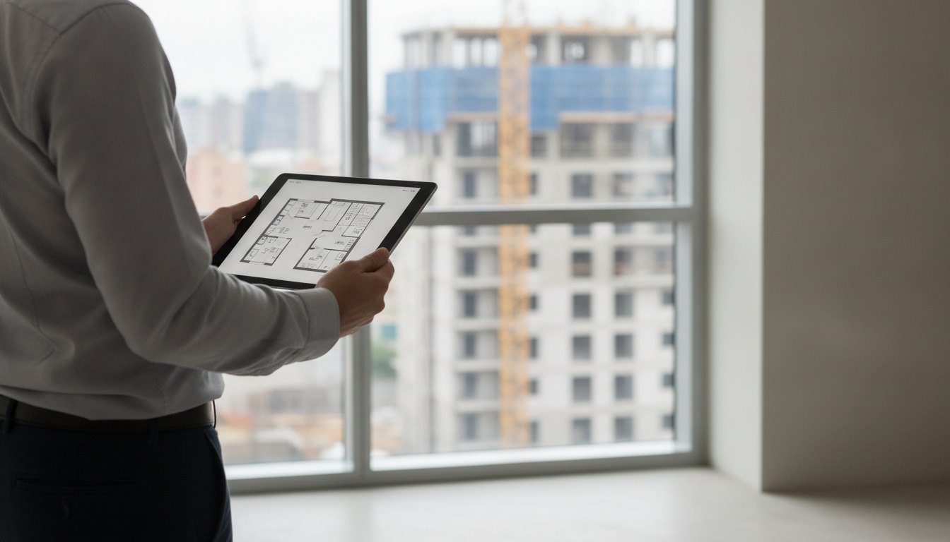 Pessoa segurando um tablet com a planta baixa de um apartamento em frente a uma janela