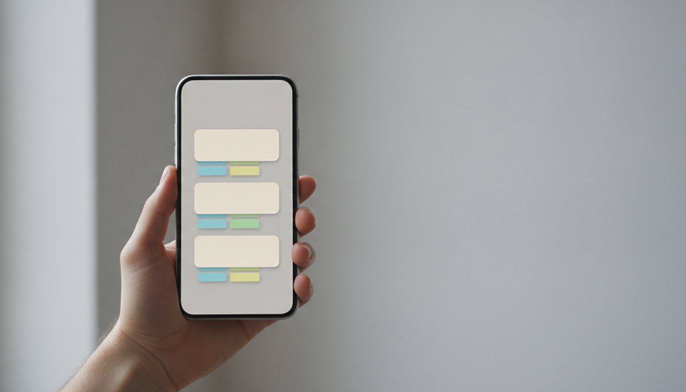 Mão segurando um celular que exibe uma lista de dados organizada em cartões sobre fundo cinza.