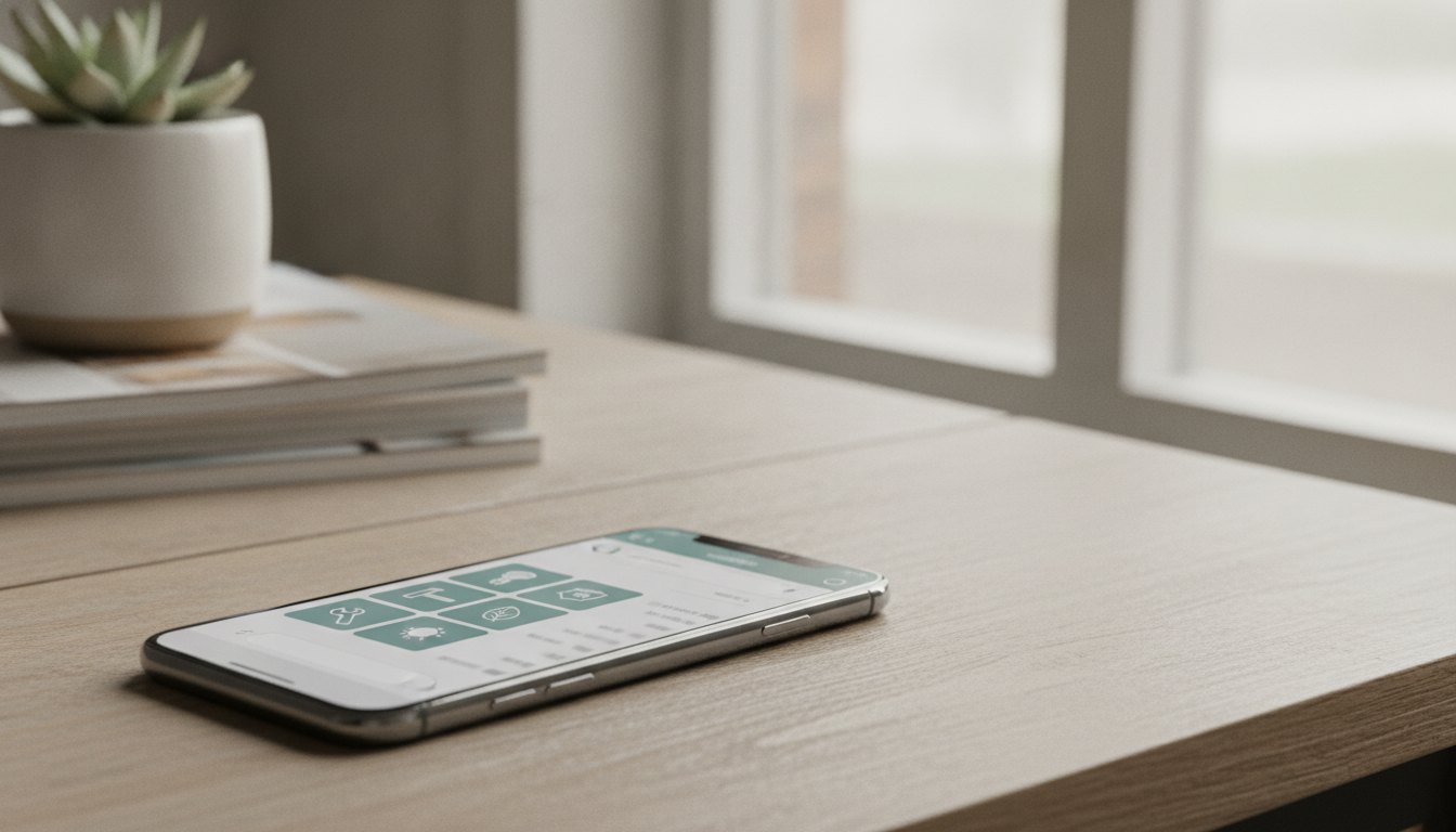 Tela de smartphone exibindo um aplicativo de busca com ícones de categorias de serviços residenciais.