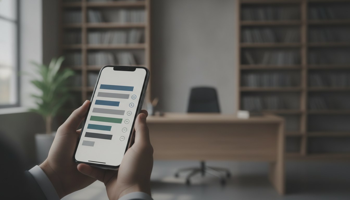 Pessoa segurando um smartphone com a tela exibindo um painel de acompanhamento de documentos.
